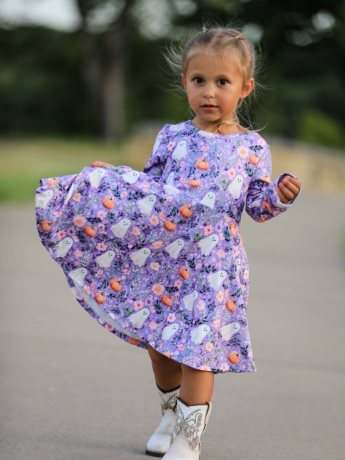 Halloween Ghost Pumpkin Girls Long Sleeve Twirl Dress - My Home Sweet Home