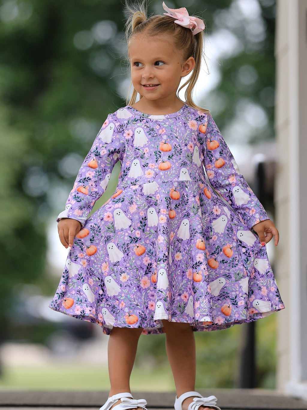 Halloween Ghost Pumpkin Girls Long Sleeve Twirl Dress - My Home Sweet Home