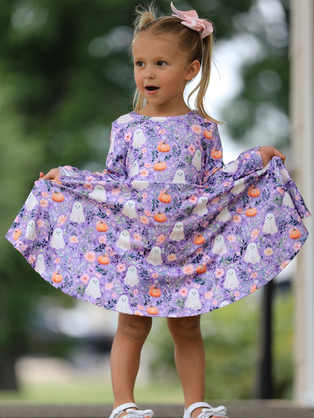 Halloween Ghost Pumpkin Girls Long Sleeve Twirl Dress - My Home Sweet Home