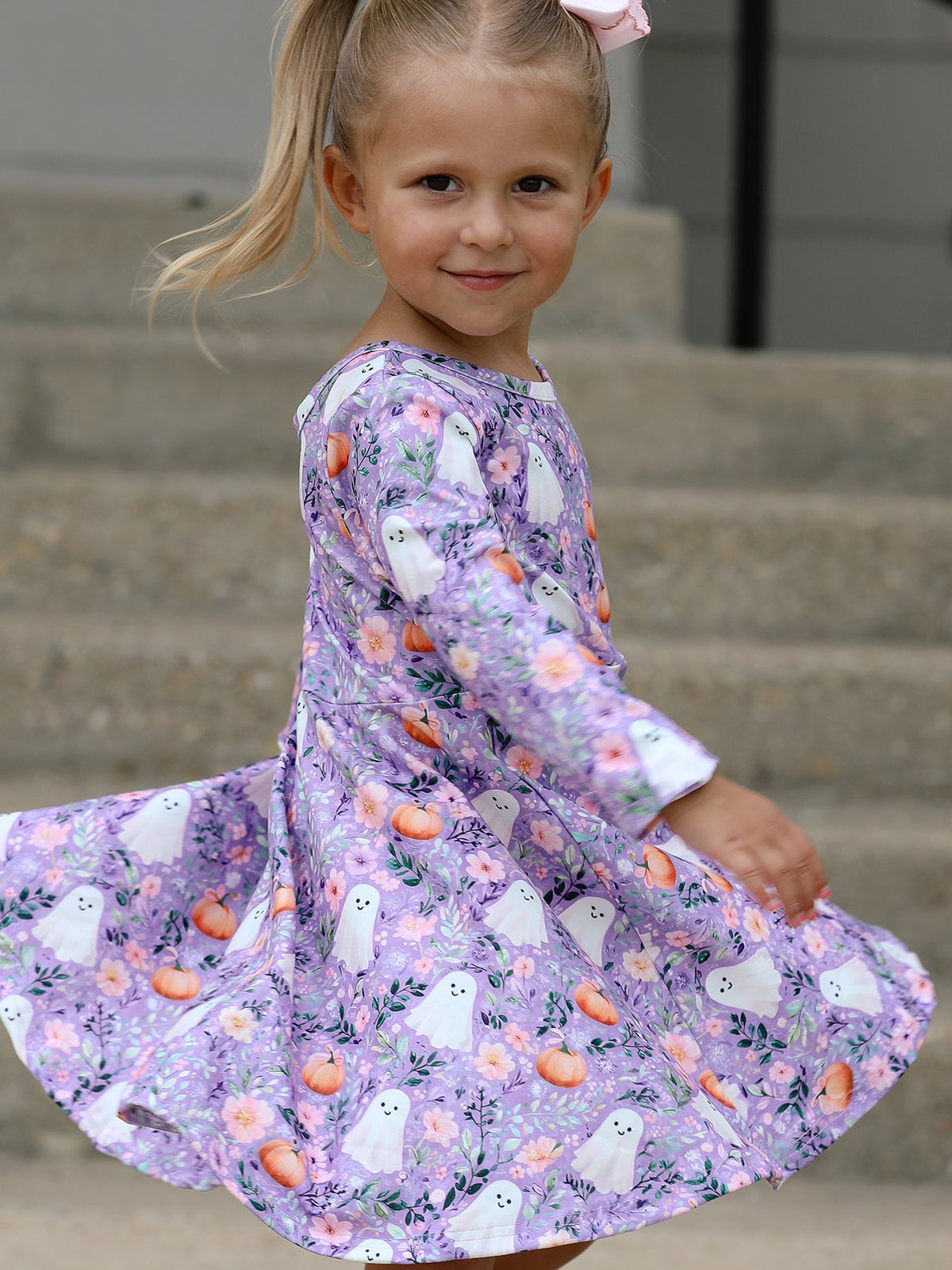 Halloween Ghost Pumpkin Girls Long Sleeve Twirl Dress - My Home Sweet Home