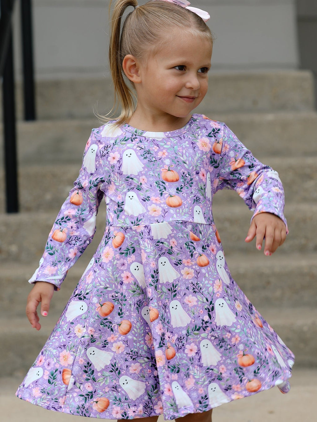 Halloween Ghost Pumpkin Girls Long Sleeve Twirl Dress - My Home Sweet Home