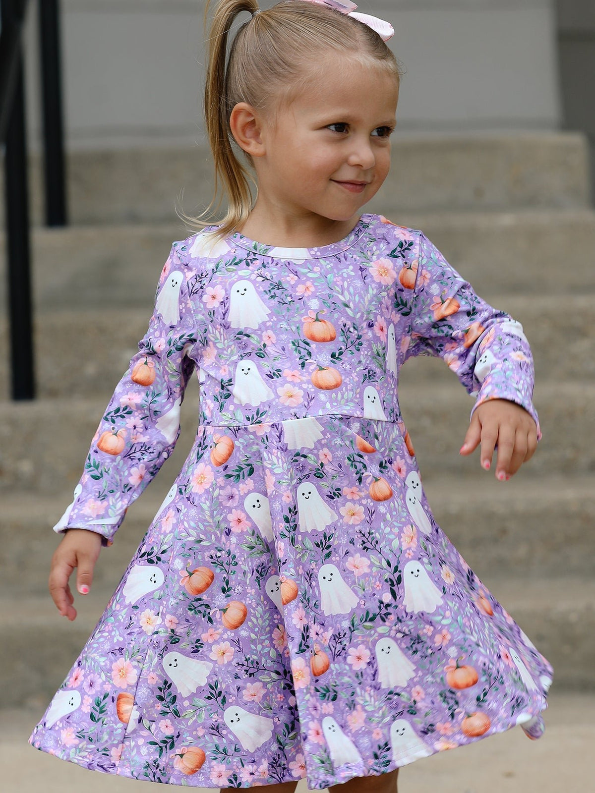 Halloween Ghost Pumpkin Girls Long Sleeve Twirl Dress - My Home Sweet Home